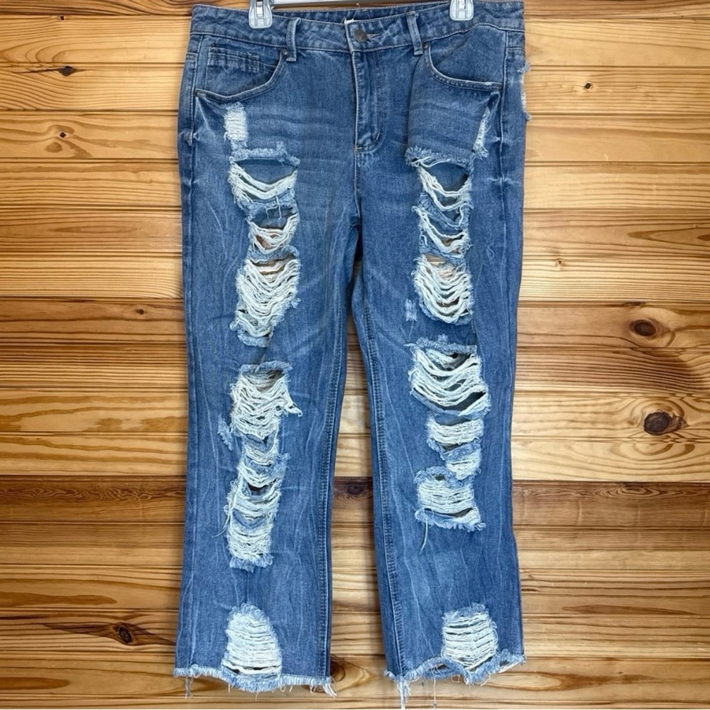 Y2k hot kiss mid rise straight leg ripped distressed medium wash size 14 jeans
